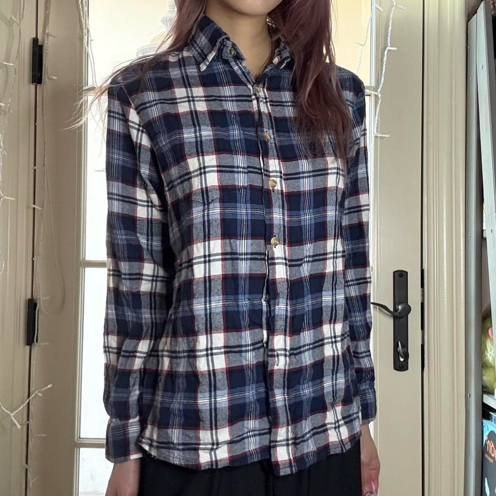 Brandy Melville Navy Blue/White/Red Plaid Button Up Shirt